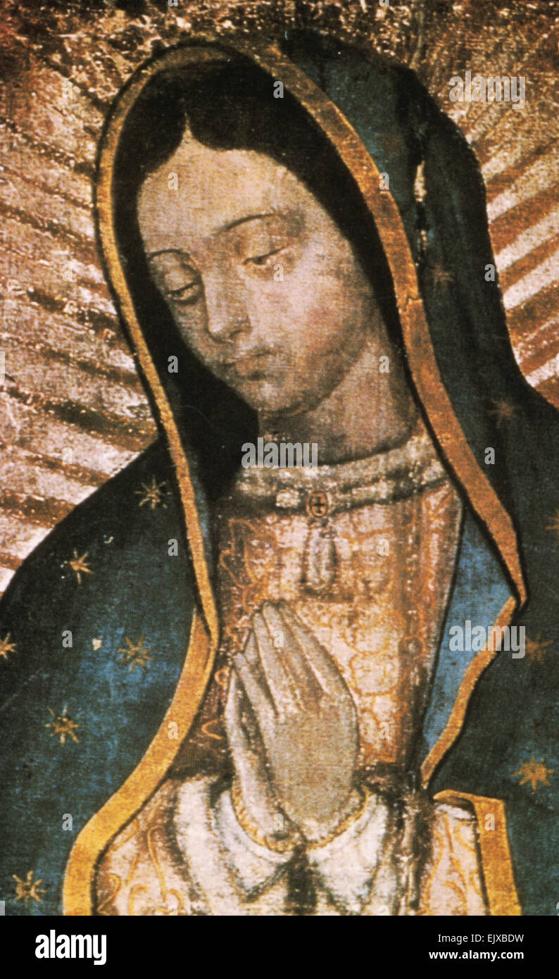 Un primo piano della miracolosa immagine della Vergine di Guadalupe che pende nella Basilica a Città del Messico. Foto Stock