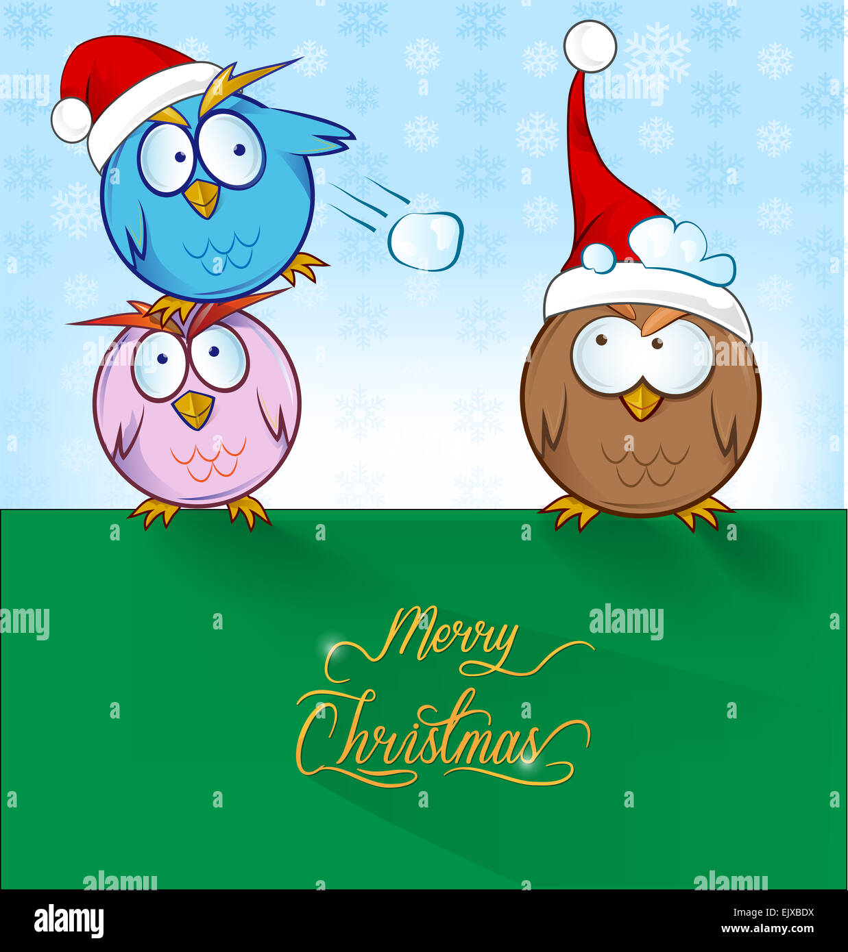 Funny owl cartoon SU SFONDO DI NATALE Foto Stock