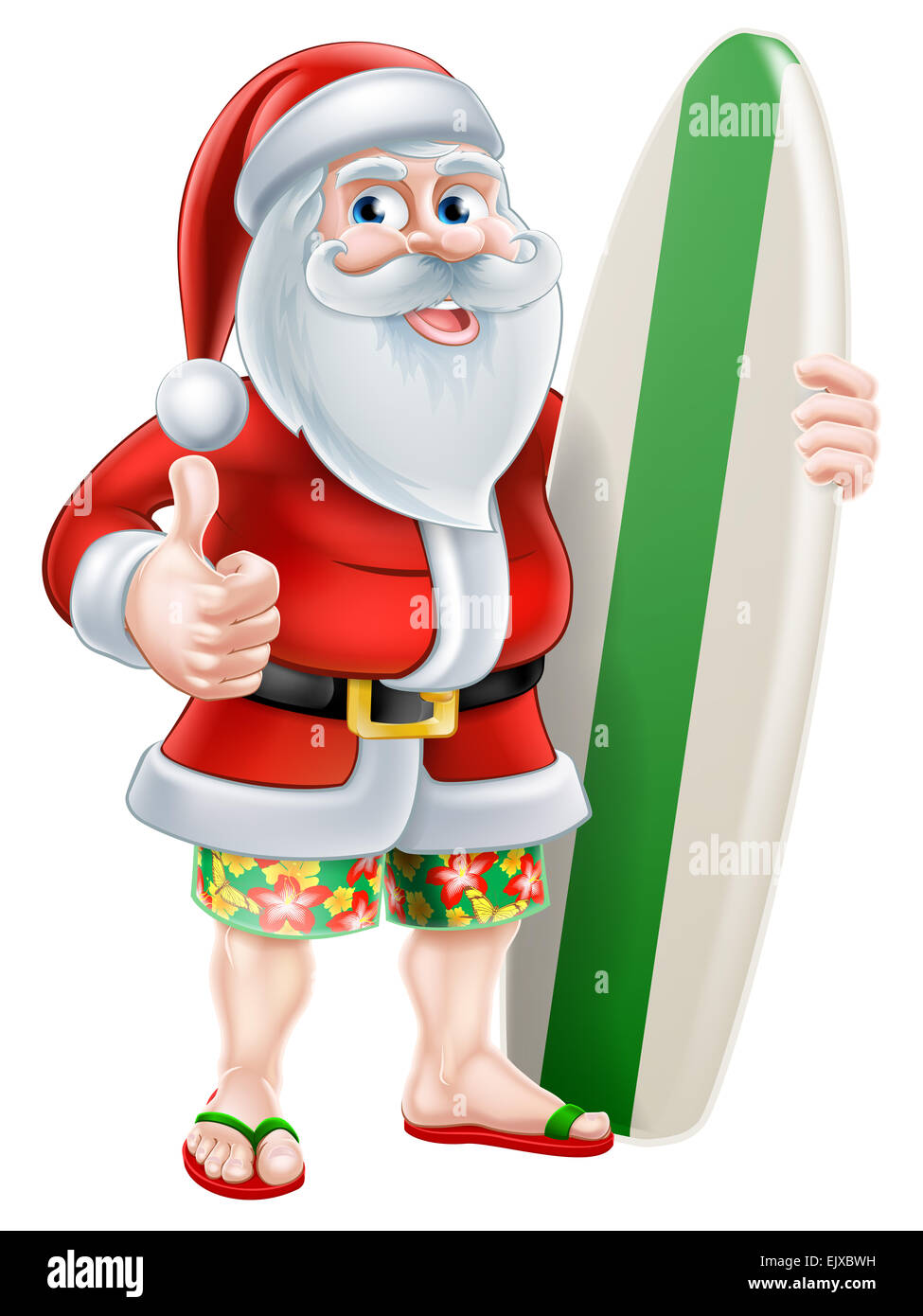 Cartoon di Santa Claus in possesso di una tavola da surf e dando un pollice in alto nella sua scheda di Hawaiian shorts e flip flop sandali Foto Stock