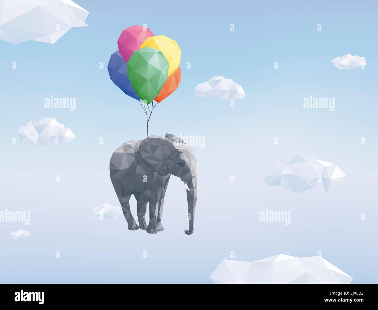 Bassa poli illustrazione di elephant attaccati ai palloncini far levitare tra le nuvole nel cielo Foto Stock