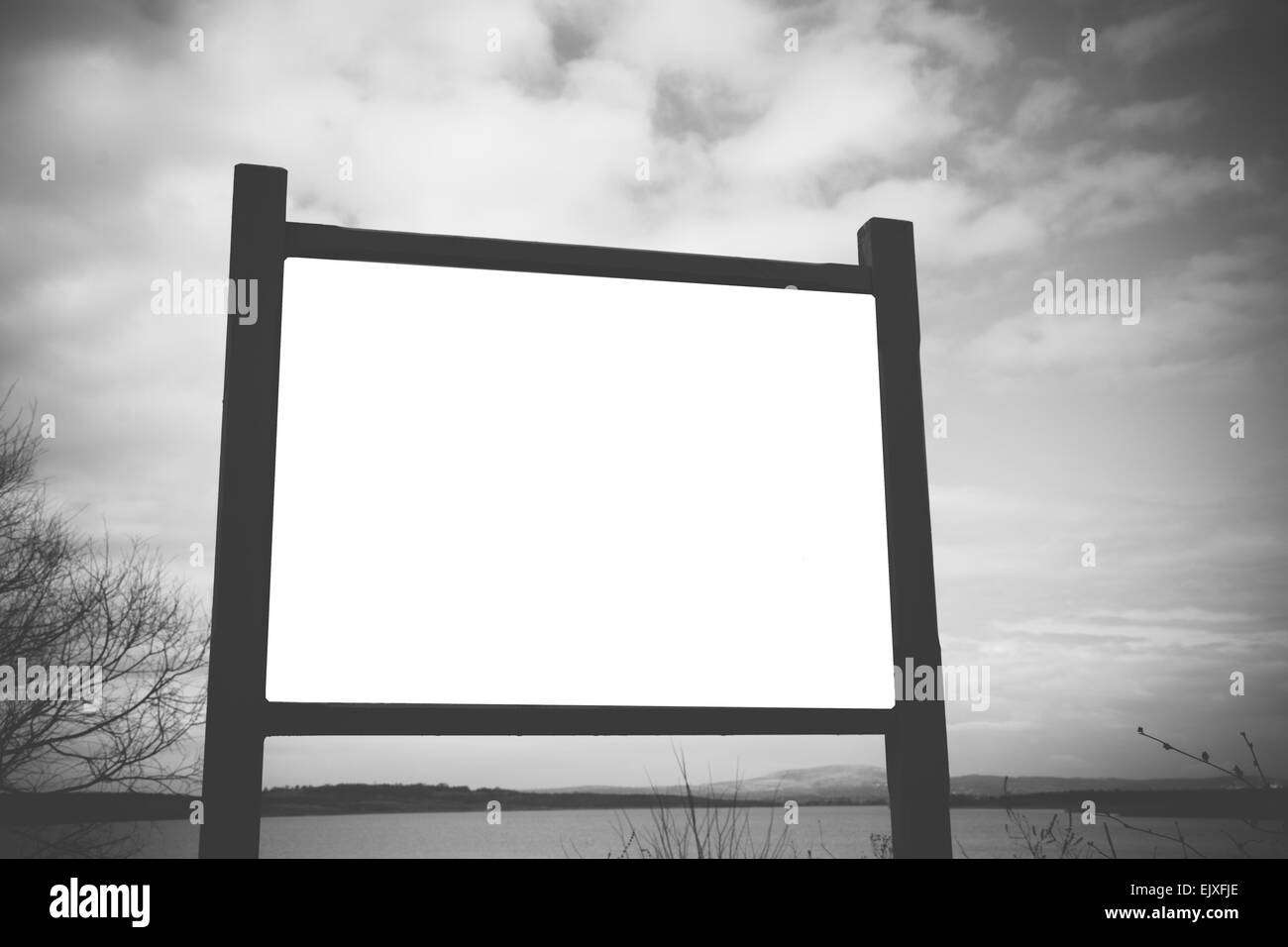 Billboard in foresta, posto libero per il tuo testo o immagine. In bianco e nero Foto Stock