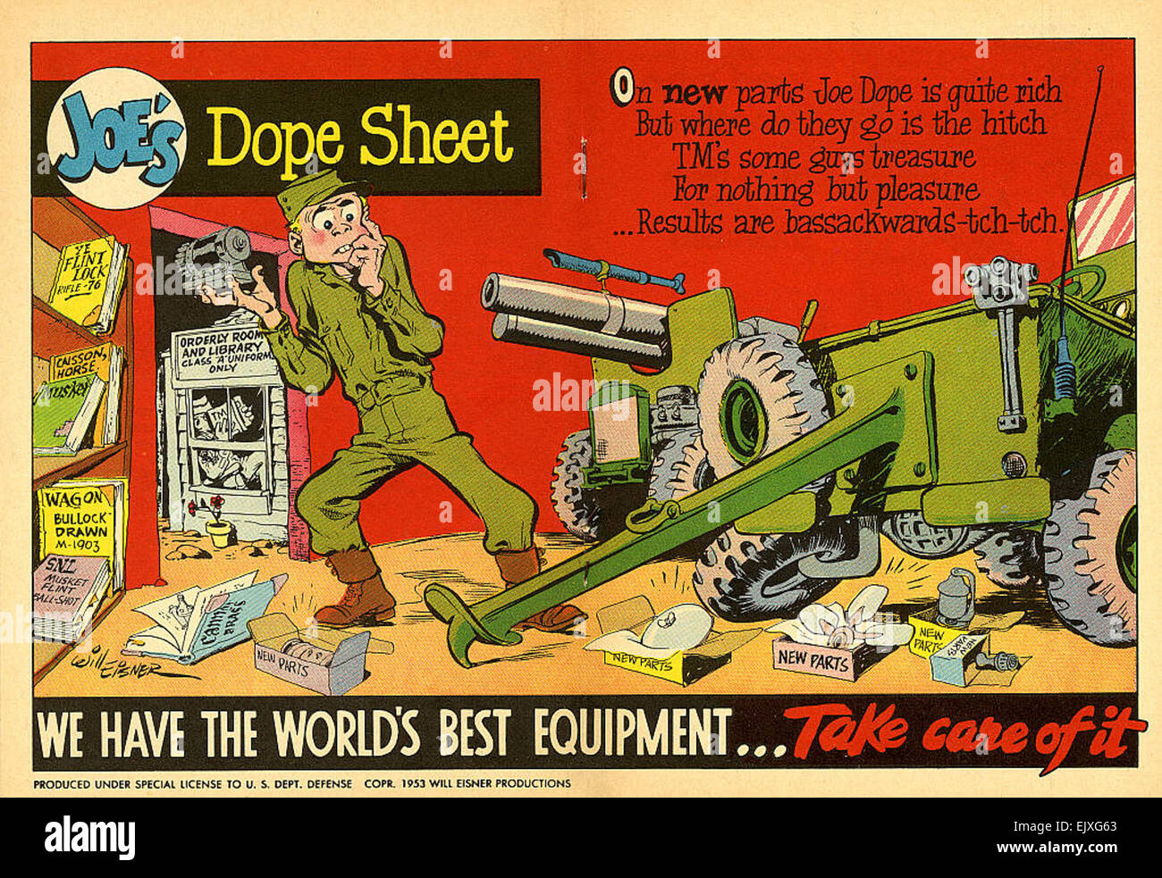 Joe's Dope Sheet, una pubblicazione dell'esercito creata da Will Eisner, era un fumetto usato per educare i soldati alla manutenzione militare. Questo numero del 1953 mostra i contributi di Eisner alle pubblicazioni militari durante e dopo la seconda guerra mondiale. Foto Stock