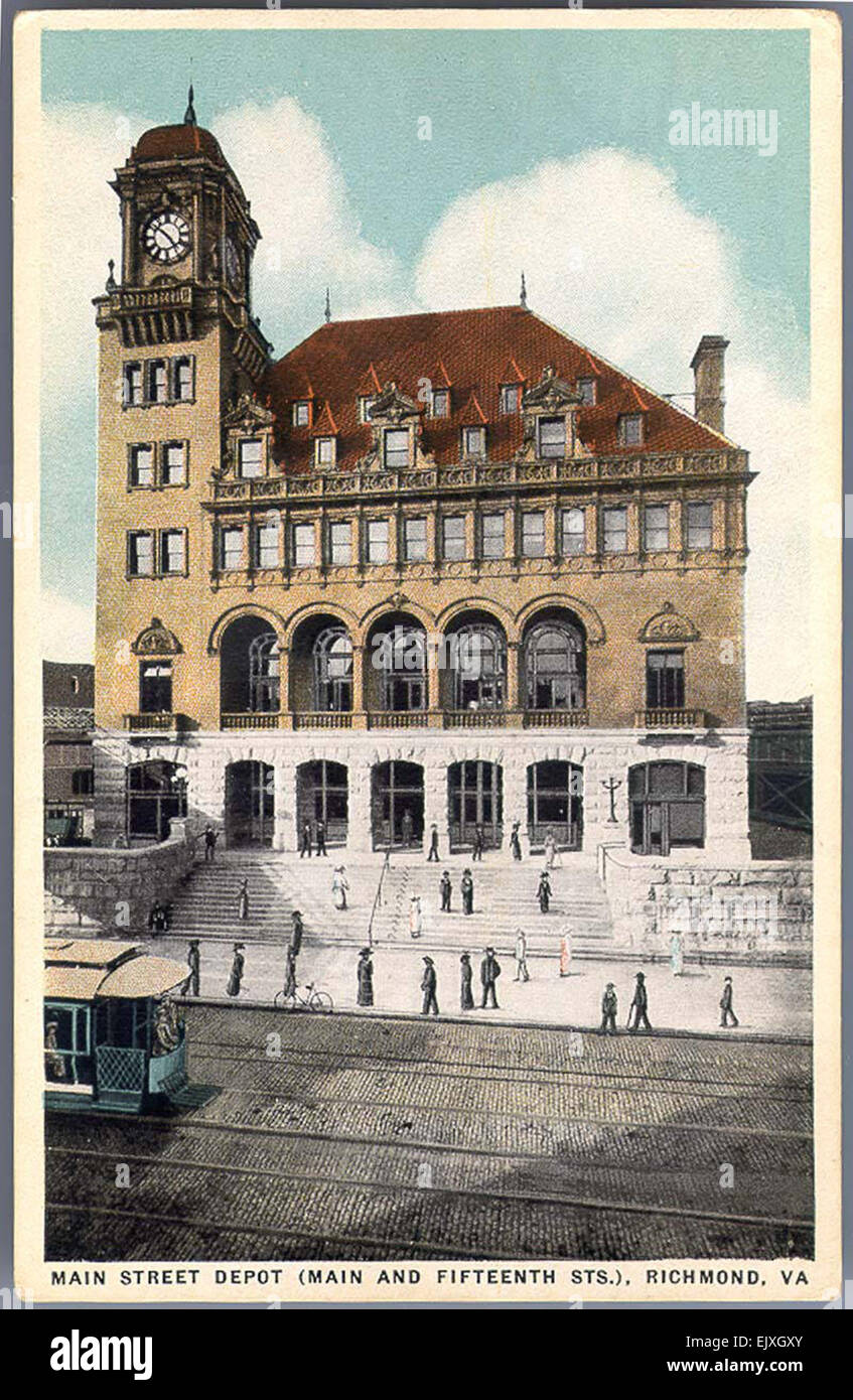 Le cartoline d'epoca dell'inizio del XX secolo a Richmond, Virginia, mostrano immagini del Main Street Depot e delle sue aree circostanti. La collezione cattura il paesaggio architettonico e sociale del tempo, con alcune strutture non più esistenti o alterate, offrendo approfondimenti storici sullo sviluppo della città. Foto Stock