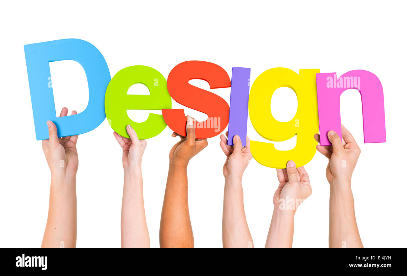 Multi-Ethnic Gruppo di diverse persone che trattengono le lettere per formare una parola Design Foto Stock