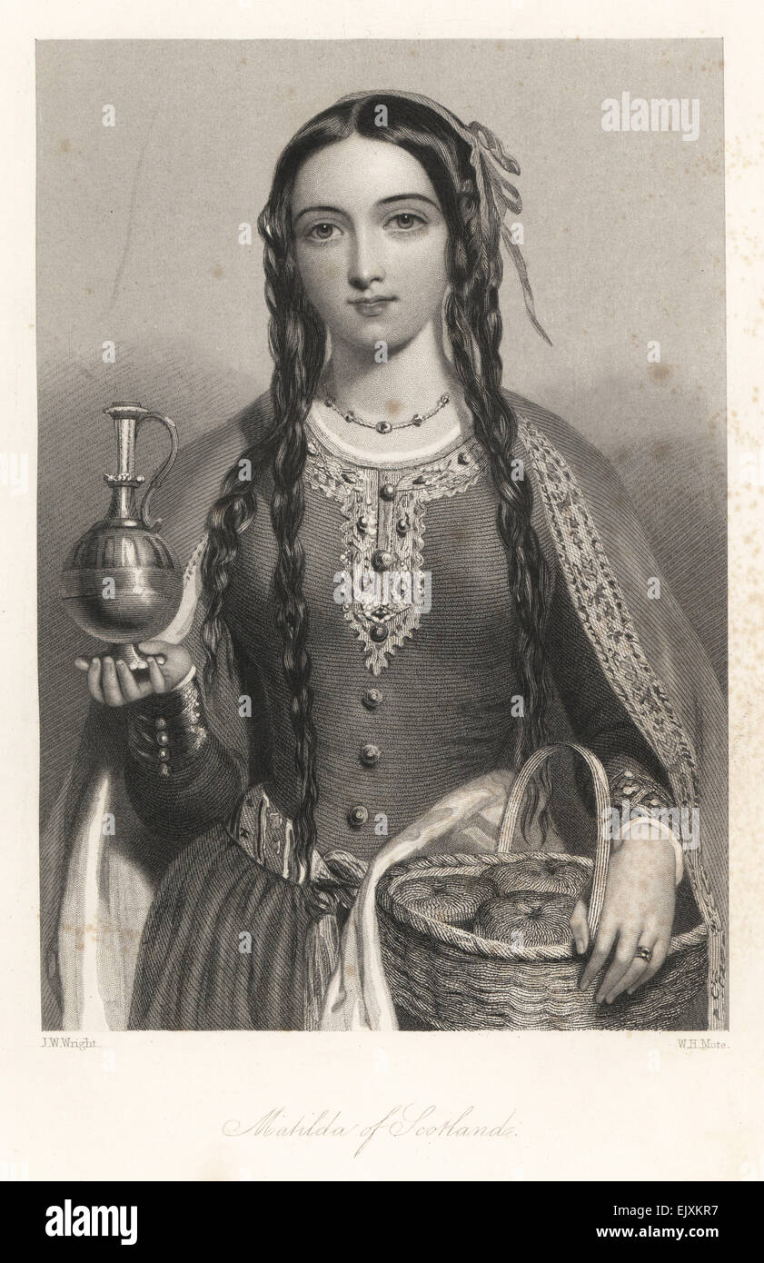 Matilde di Scozia, moglie di Re Enrico I, Regina dell'Inghilterra, con un cestino del pane e la brocca in metallo. Foto Stock