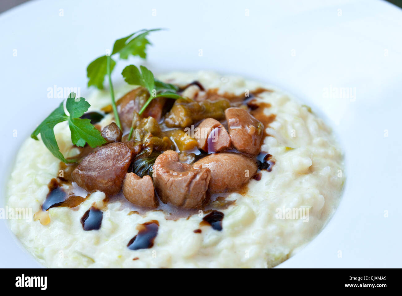 Reni di maiale, risotto e prezzemolo su una piastra Foto Stock