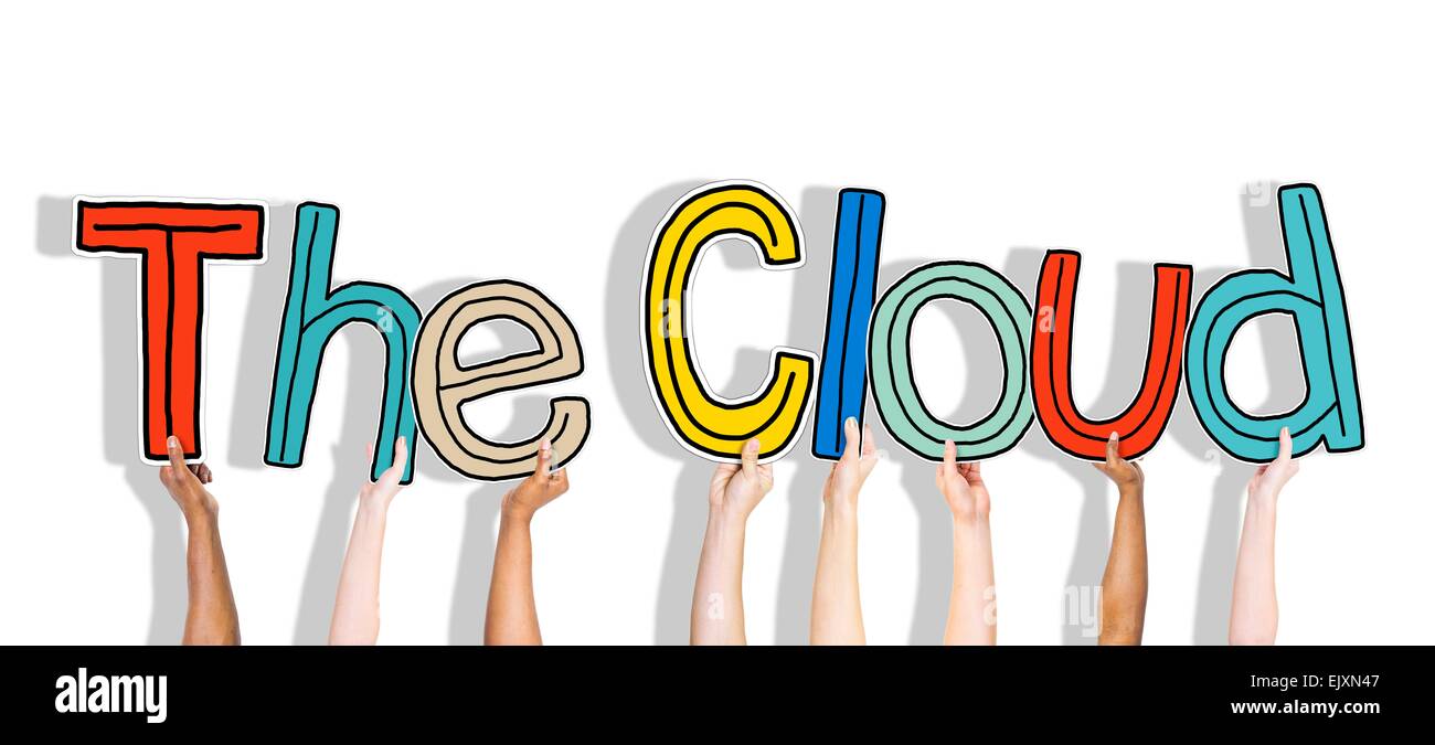 Diverse mani tenendo il cloud Foto Stock