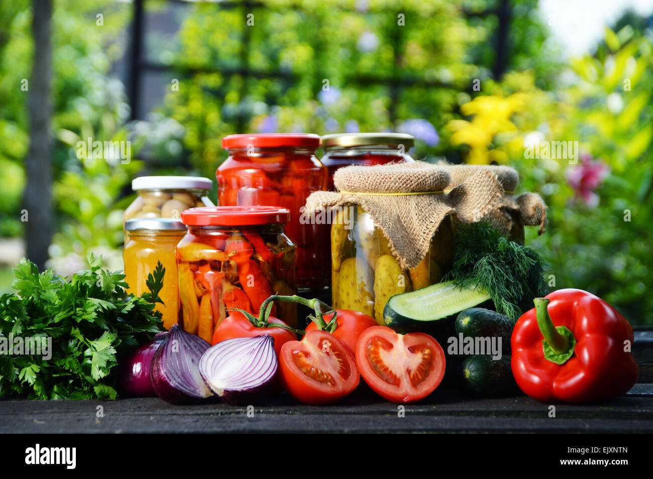 Vasetti di verdure sottaceto in giardino. Alimenti marinati. Foto Stock