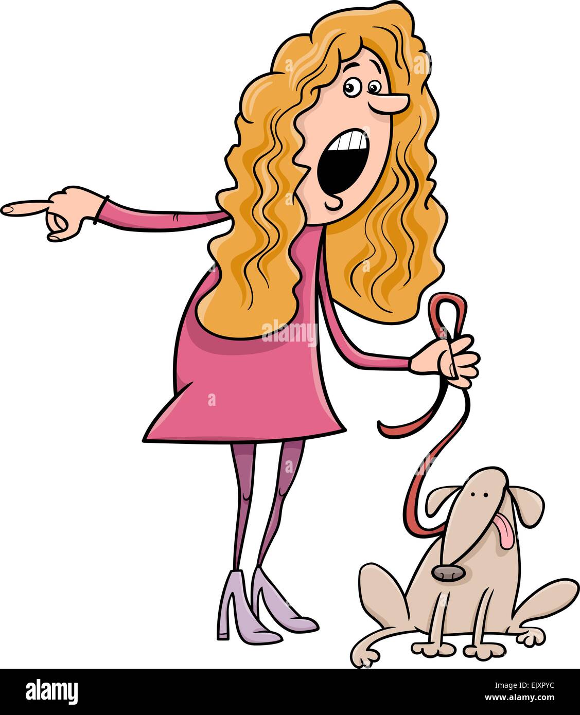 Cartoon illustrazione di indignato la donna con il cane Illustrazione Vettoriale