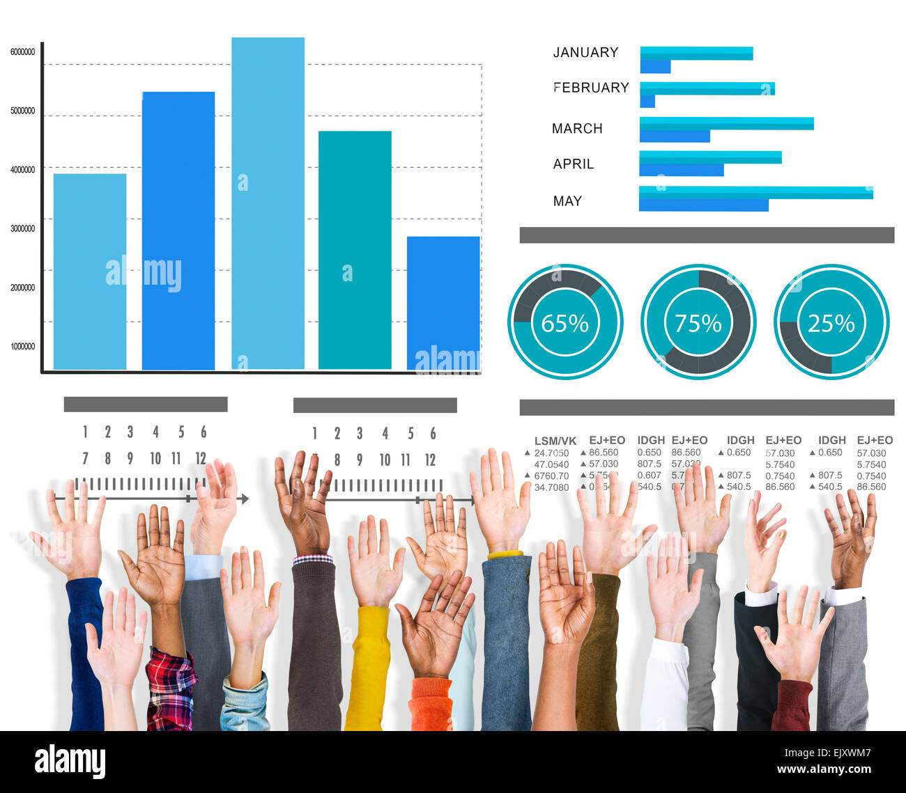 La diversità delle mani la strategia di marketing supportano il concetto di Volontariato Foto Stock