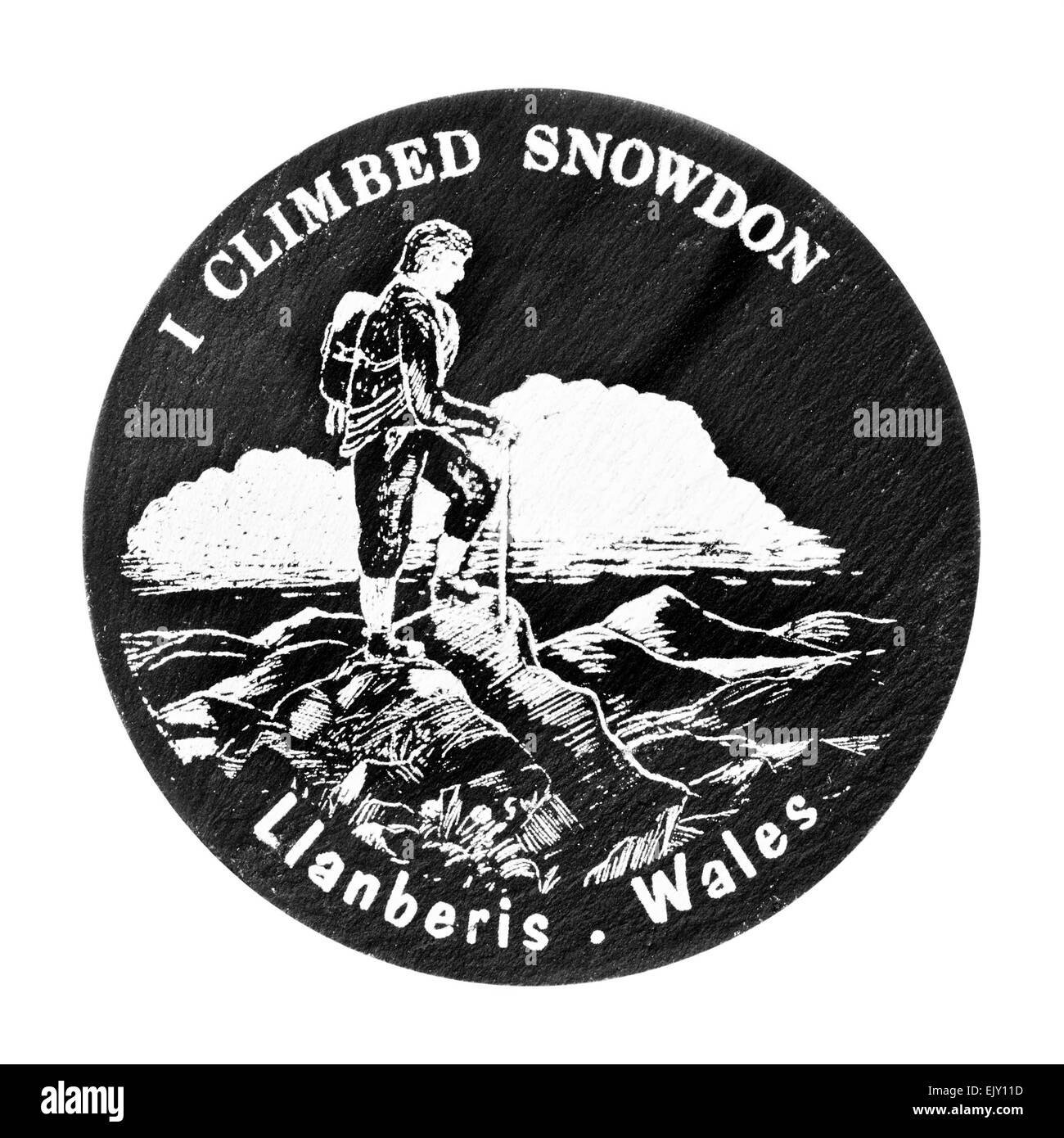 Souvenir coaster 'Ho scalato Snowdon' da Llanberis, Galles. Realizzato da Welsh Slate. Foto Stock