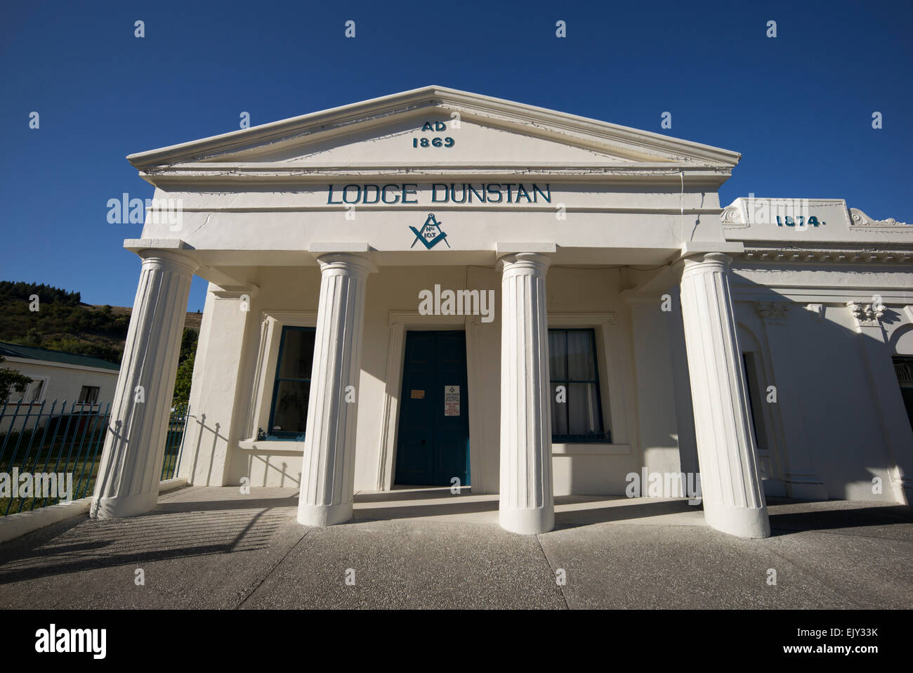 Muratori edificio a Clyde, regione di Otago, Nuova Zelanda. Foto Stock