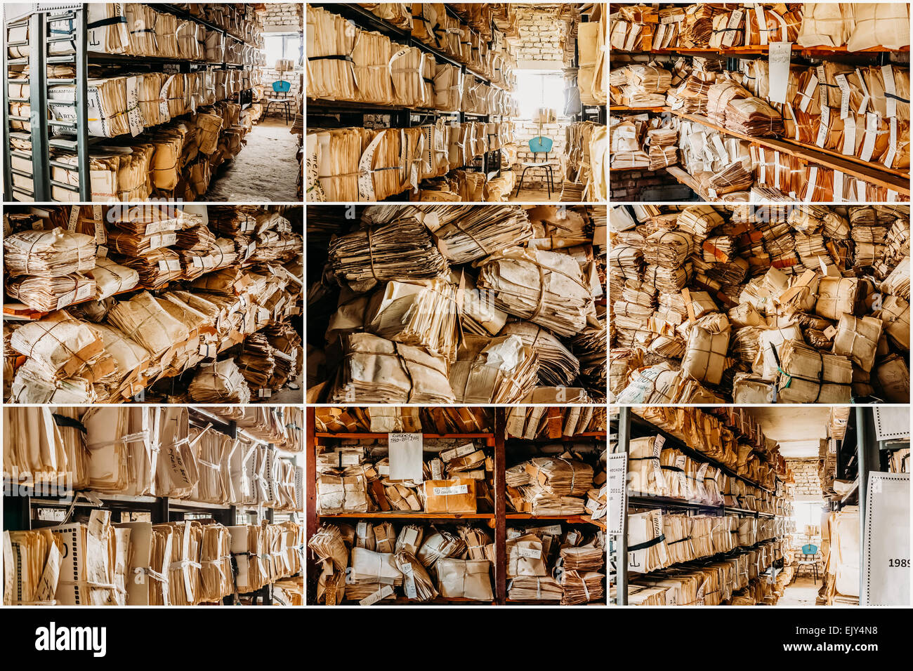 Impostare Collage Closeup a spreco di carta dello sfondo. Tenuta di registri in scaffali Foto Stock