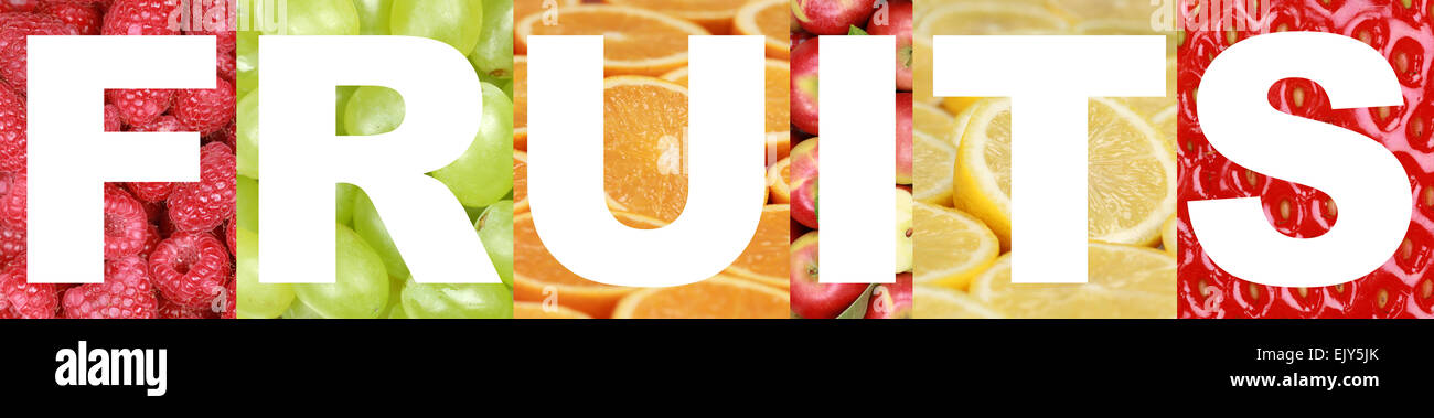 La parola frutta con Apple, uva, lampone, arancio, limone e fragole Foto Stock