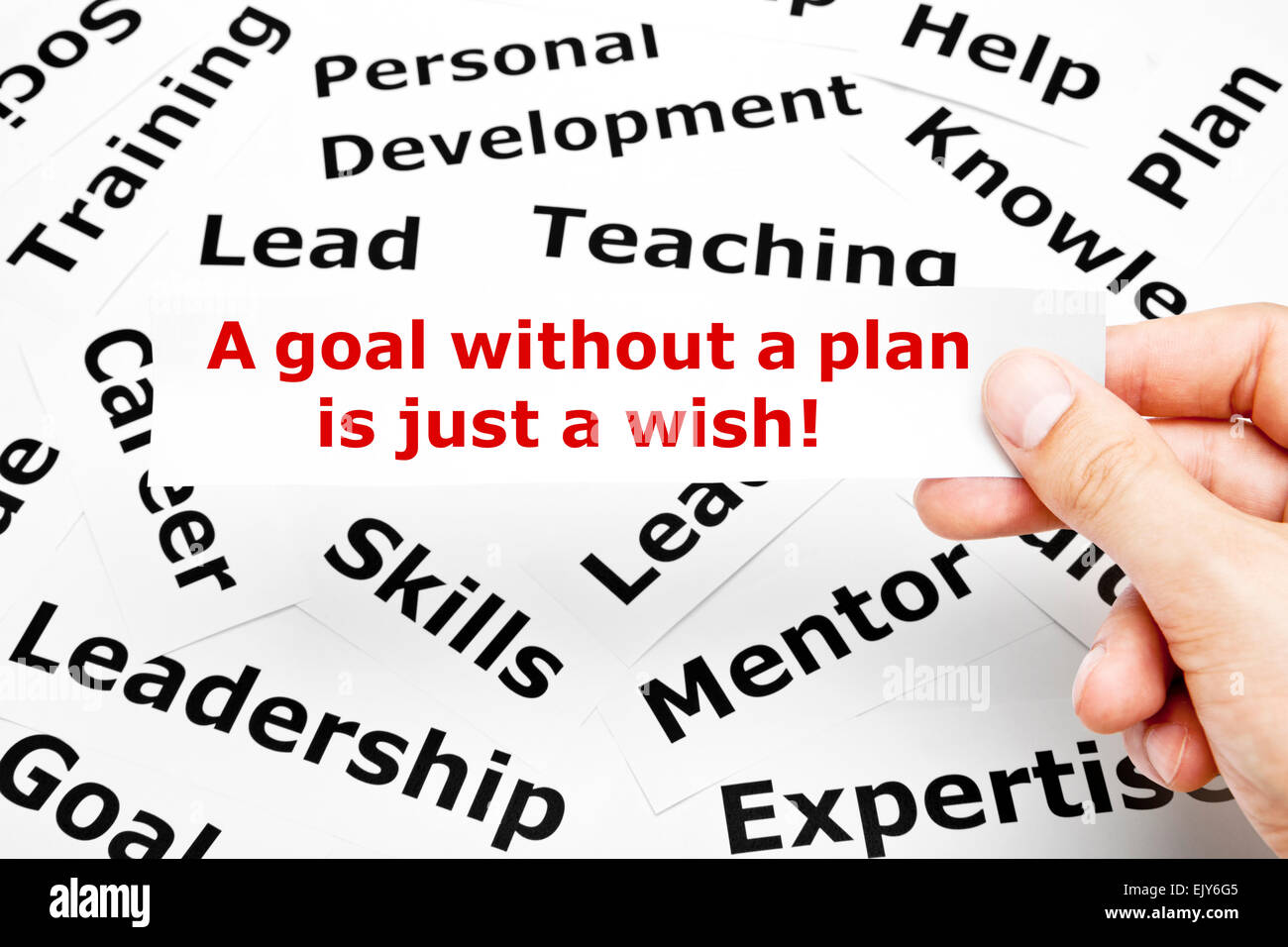Mano che tiene un pezzo di carta con stampato 'un obiettivo senza un piano è solo un desiderio' su di esso. Foto Stock