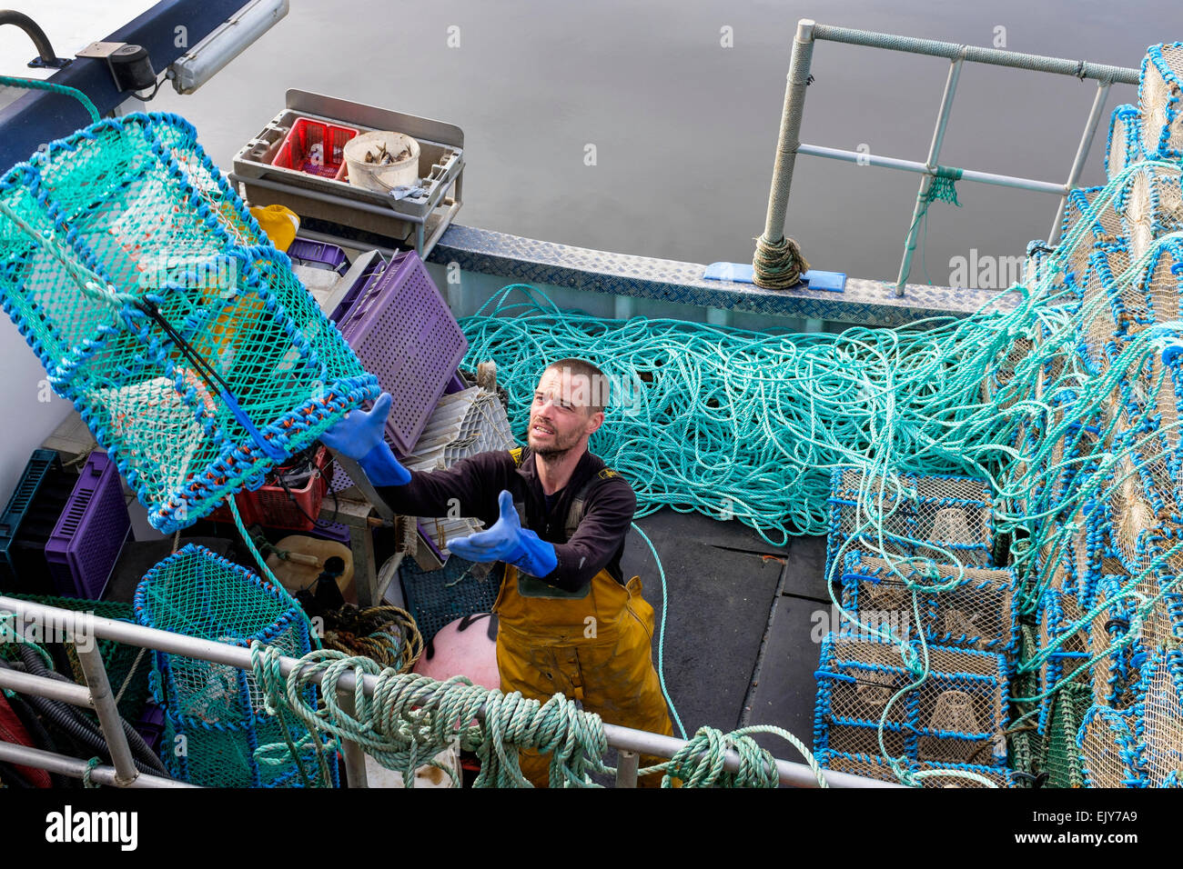 Neil McCulloch, pescatore di gamberi, caricando la sua barca da pesca con reti prima di uscire per andare a pesca nel Firth of Clyde,Greenock Foto Stock