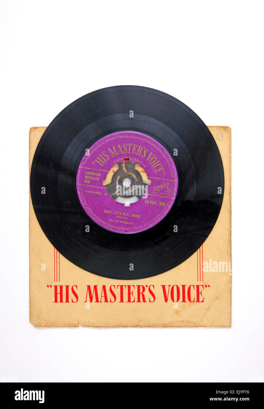 Una rara Elvis Presley hit singolo Rip it up b/w Baby giochiamo casa sull'etichetta HMV rilasciato nel 1957. Foto Stock