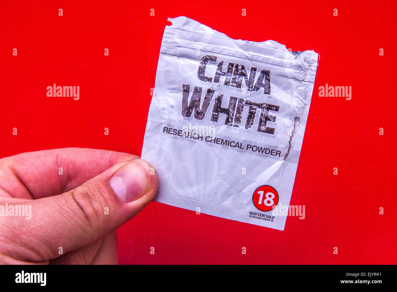 Pacchetto di China White un legale alta marca come una ricerca di polvere chimica. Foto Stock