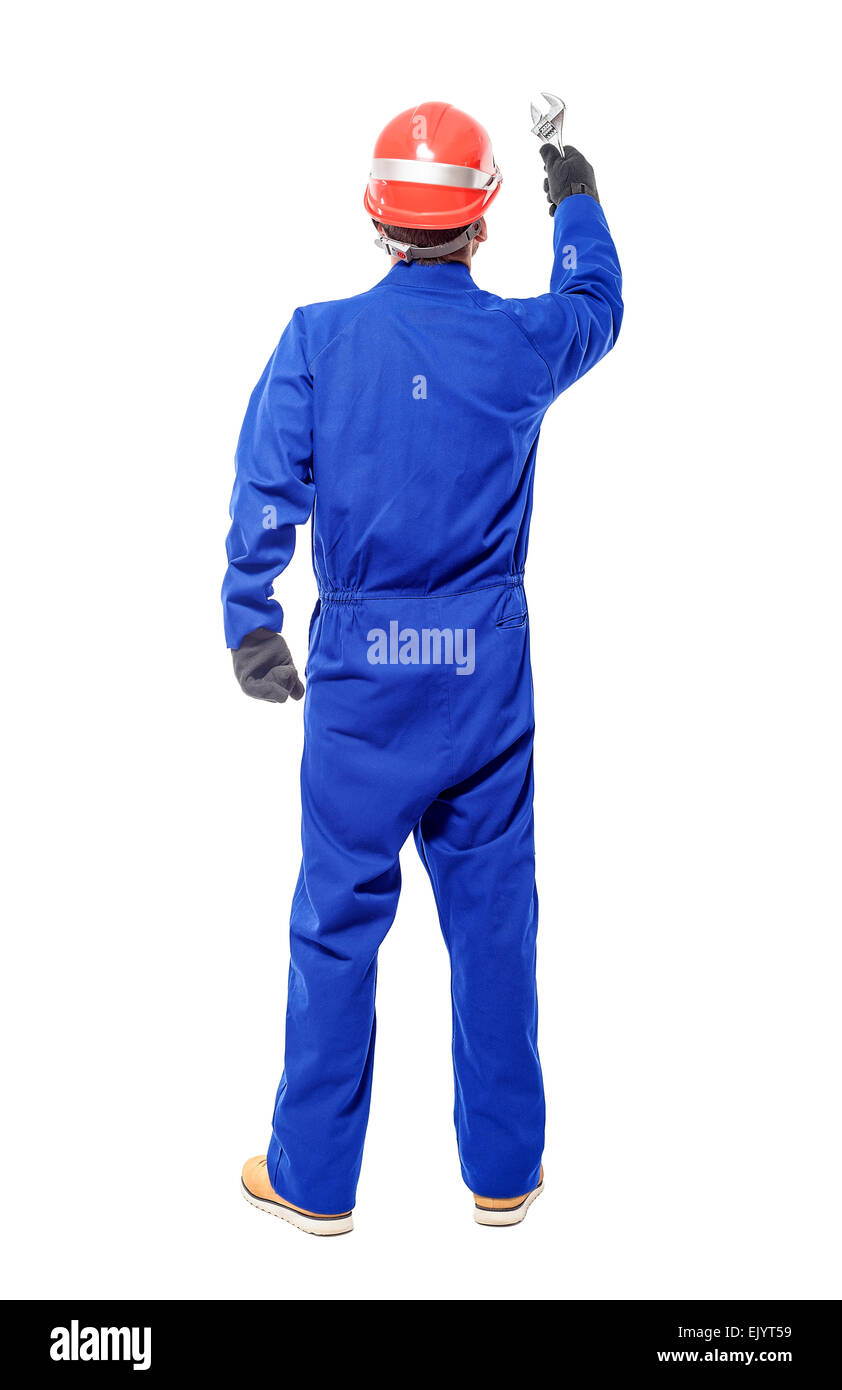 Lavoratore in possesso di una chiave di manovra. Foto Stock