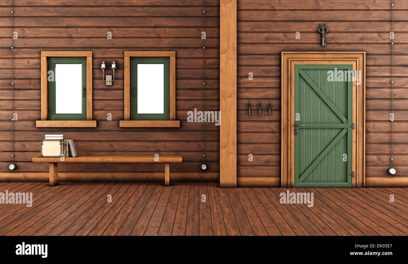 Stanza vuota di una casa di montagna con il verde della porta anteriore e del banco con i libri sotto windows - 3D Rendering Foto Stock