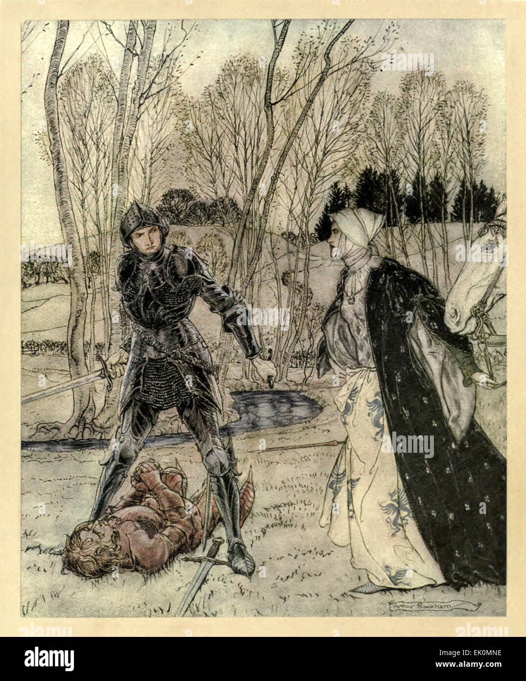 'Come Beaumains sconfitto il cavaliere rosso e sempre il damosel parlò molti fallo parole da lui.' da 'il romanticismo di Re Artù e dei suoi cavalieri della Tavola Rotonda", illustrazione di Arthur Rackham (1867-1939). Vedere la descrizione per maggiori informazioni. Foto Stock