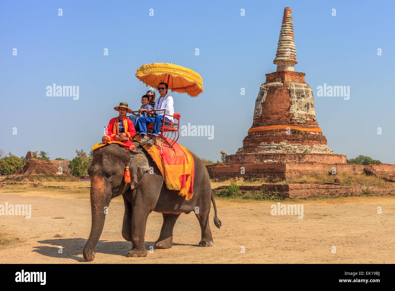 Turisti in giro a dorso di elefante in Ayutthaya, Thailandia Foto Stock