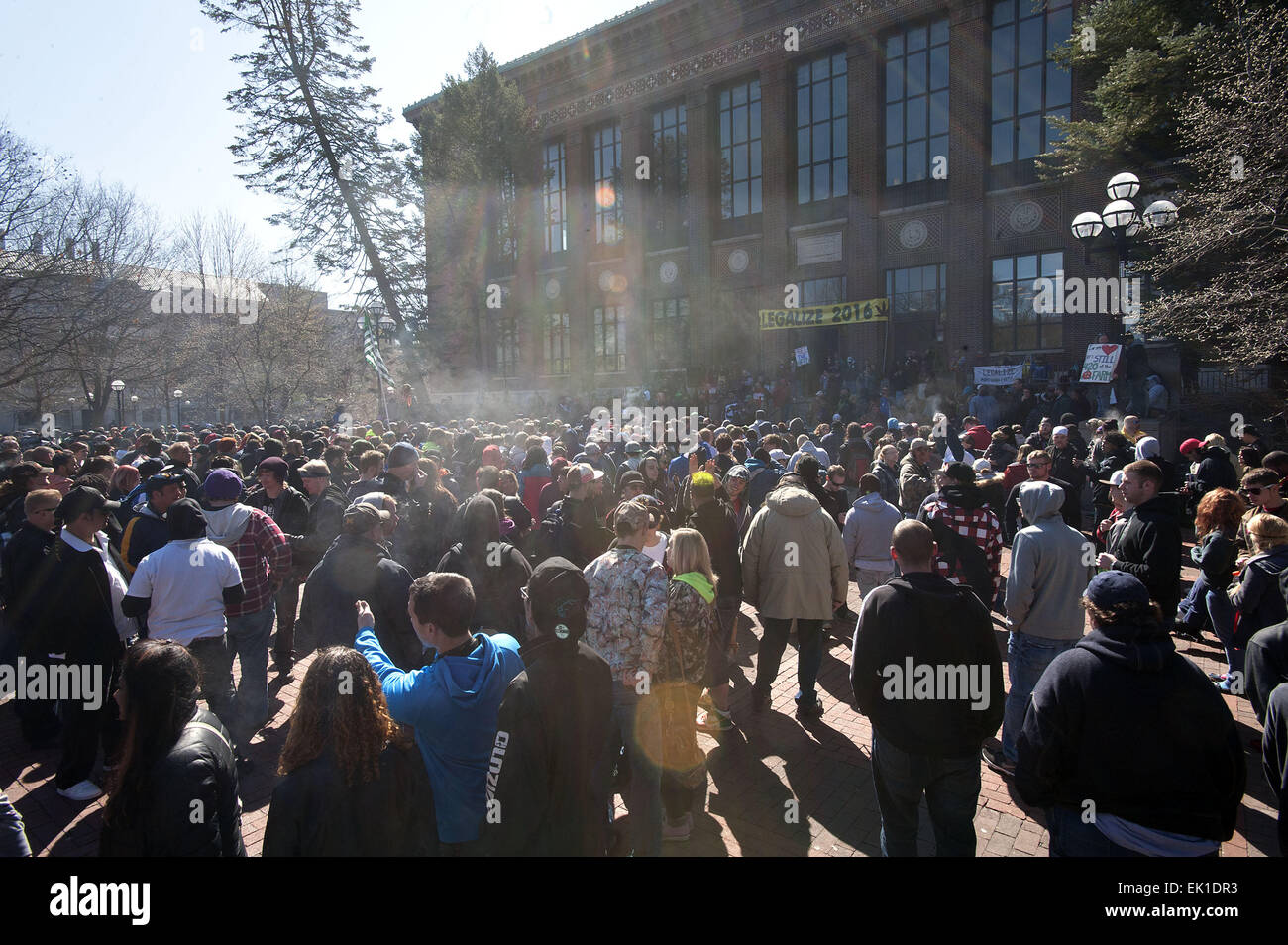 Ann Arbor, Michigan, Stati Uniti d'America. 3 apr, 2015. Il fumo di marijuana riempie l'aria durante l'Hash annuale Bash sulla Diag sull'Università di Michigan campus. © Mark Bialek/ZUMA filo/Alamy Live News Foto Stock