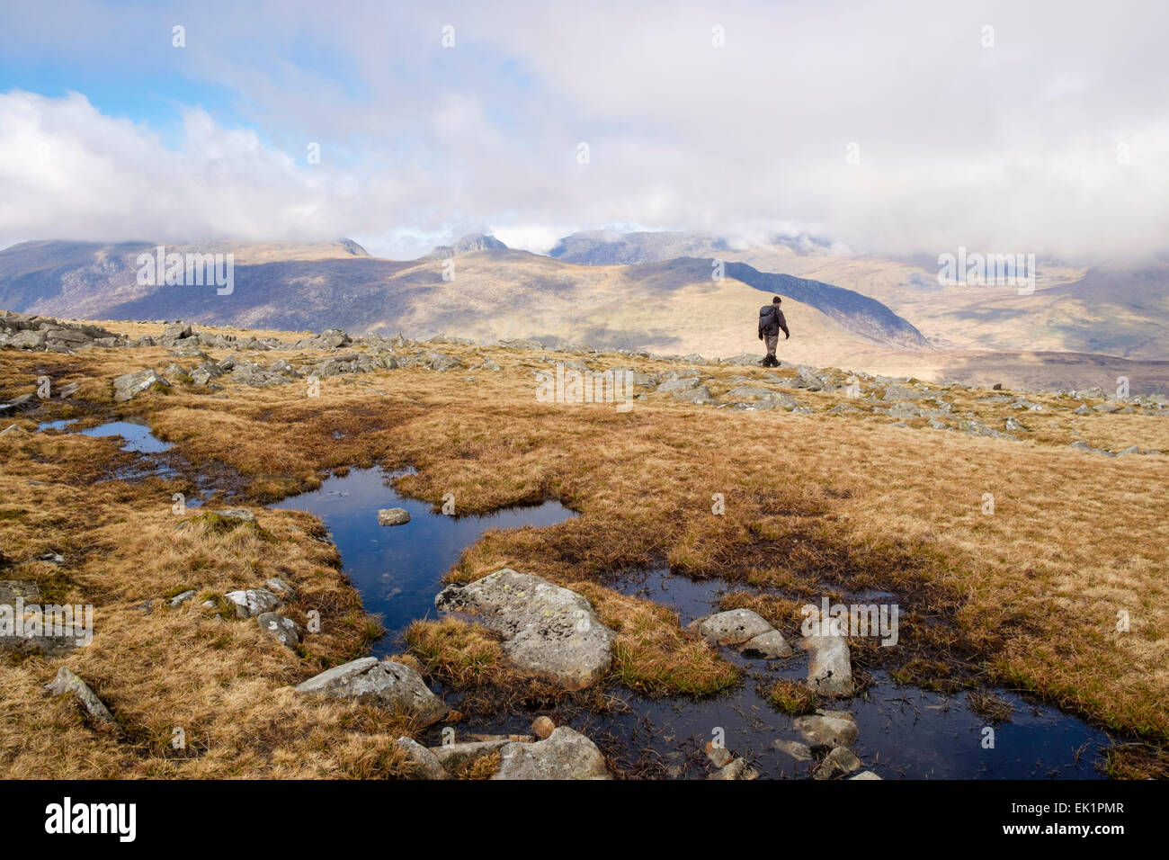 Piscina altopiano su Moel Siabod con vista montagne in lontananza e il camminatore solitario nel Parco Nazionale di Snowdonia (Eryri). North Wales UK Gran Bretagna Foto Stock