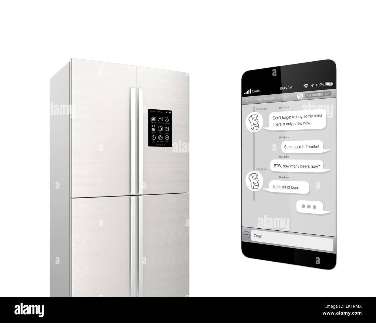 Smart frigorifero con schermo LCD per il monitoraggio. Utente è in grado di  chattare con frigorifero tramite smartphone chat app. Concetto di IoT Foto  stock - Alamy