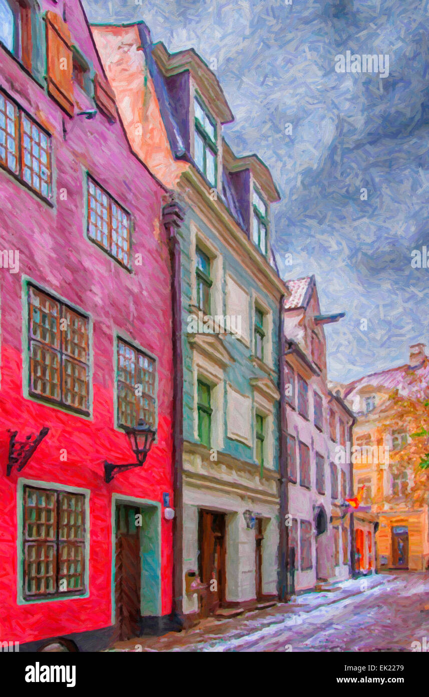 Una pittura digitale di uno dei molti caratteristici piccoli vicoli nella città vecchia regione di Riga. Foto Stock