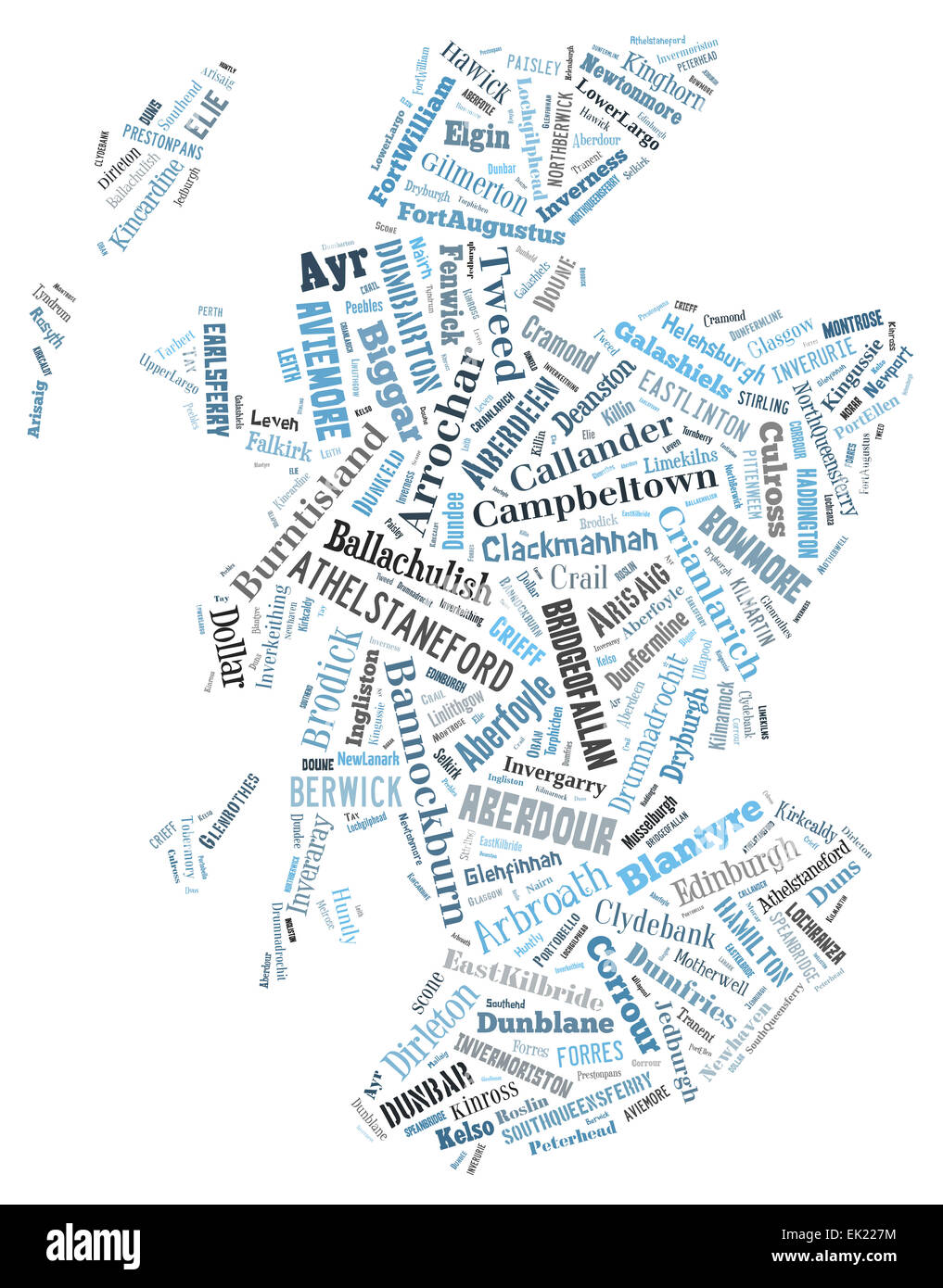Una wordcloud del paese di Scozia realizzato da tutte le sue città e paesi. Foto Stock