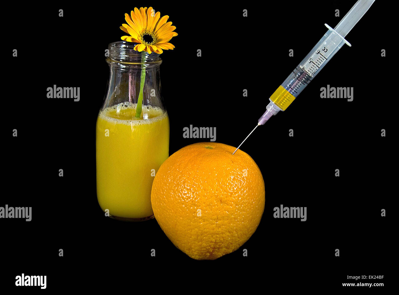 Ago Ipodermico in un arancione l'estrazione di succo di arancia con orange daisy isolati su nero. Foto Stock