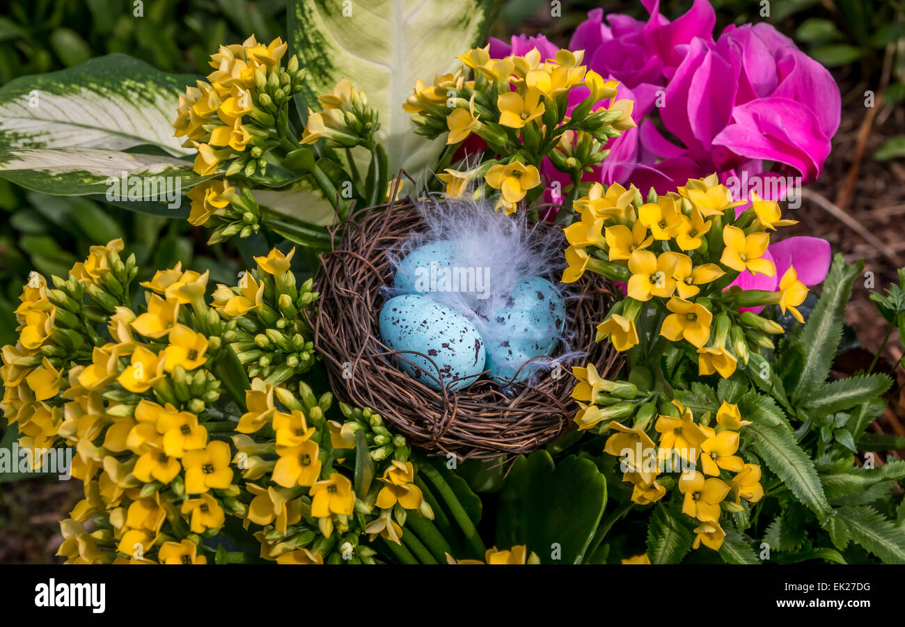 Messa a fuoco poco profonda su uova di Pasqua in un nido di piuma circondato da una disposizione del fiore. Foto Stock