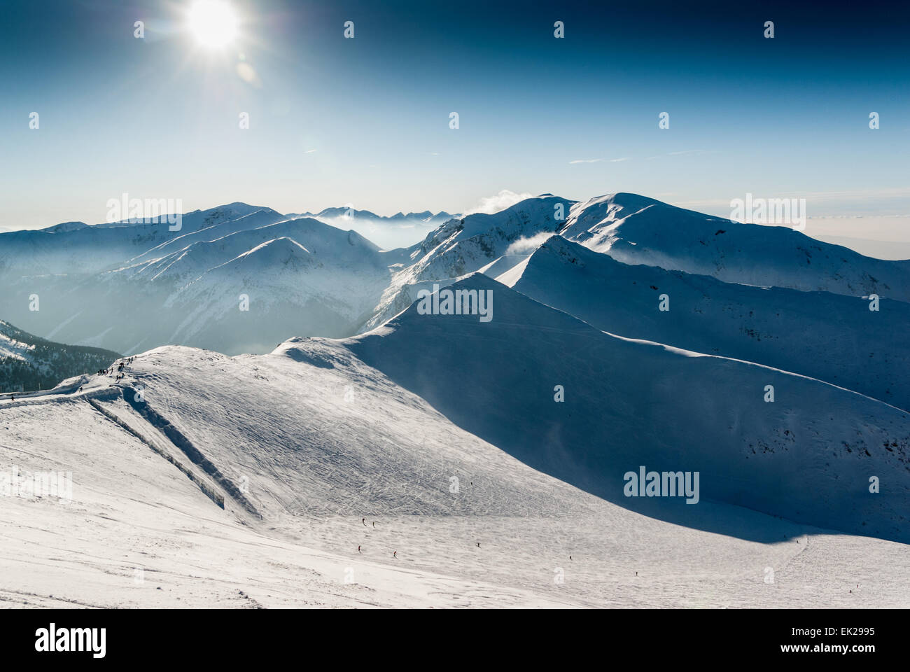 La ski area di frontiera polacco-slovacca e Tatra Occidentali visibile da Kasprowy Wierch, Polonia meridionale Foto Stock