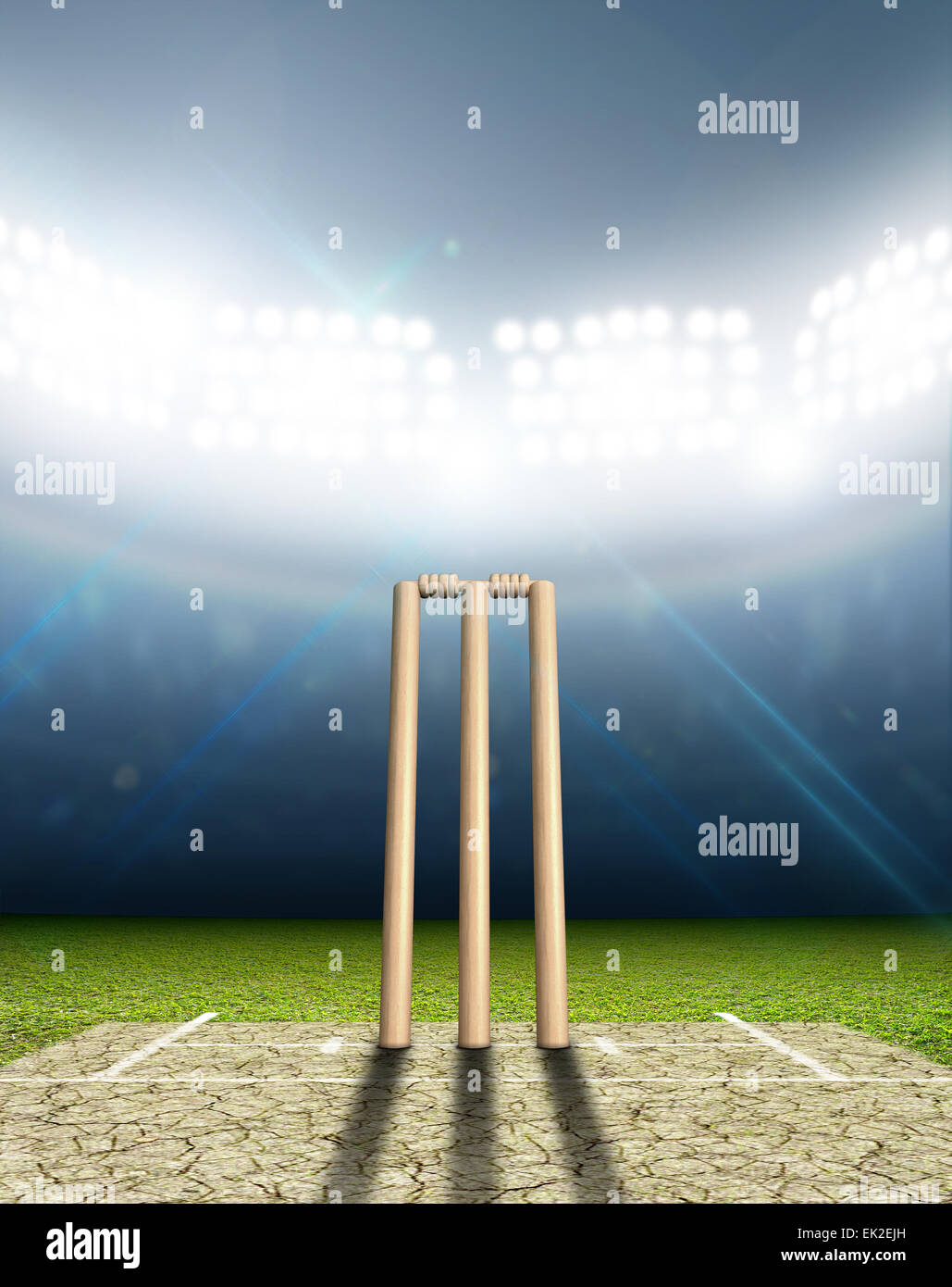 Un Cricket Stadium con campo da cricket e impostare wickets in notturna con proiettori illuminato Foto Stock