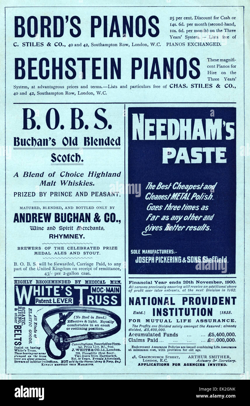 1900s vittoriano rivista pubblicitaria advert Novembre 1900 Pagina di annunci tipico del periodo Foto Stock