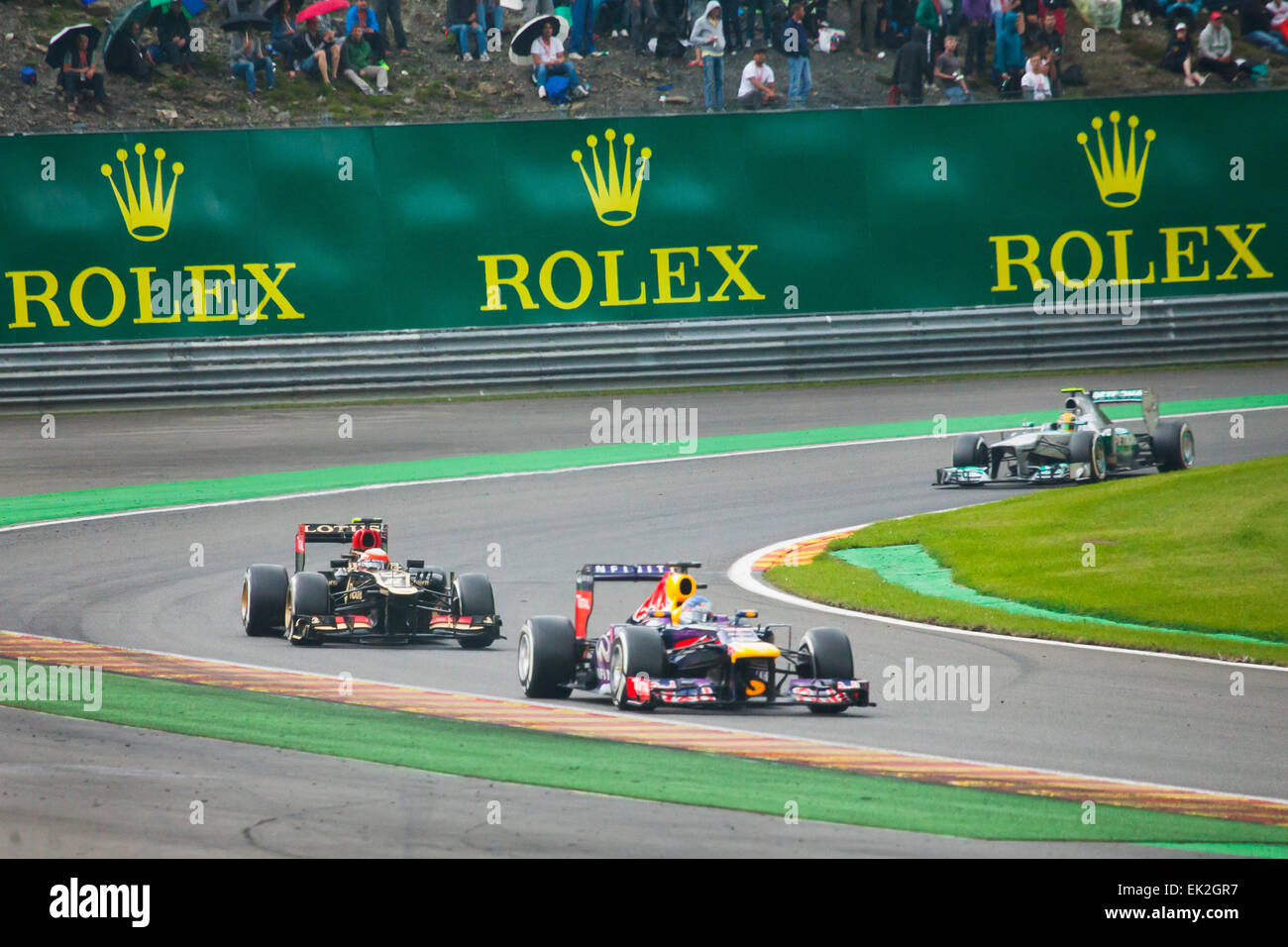 Lewis Hamilton, Mercedes, Romain Grosjean, Lotus e Sebastian Vettel, Red Bull al Gran Premio del Belgio 2013 Foto Stock