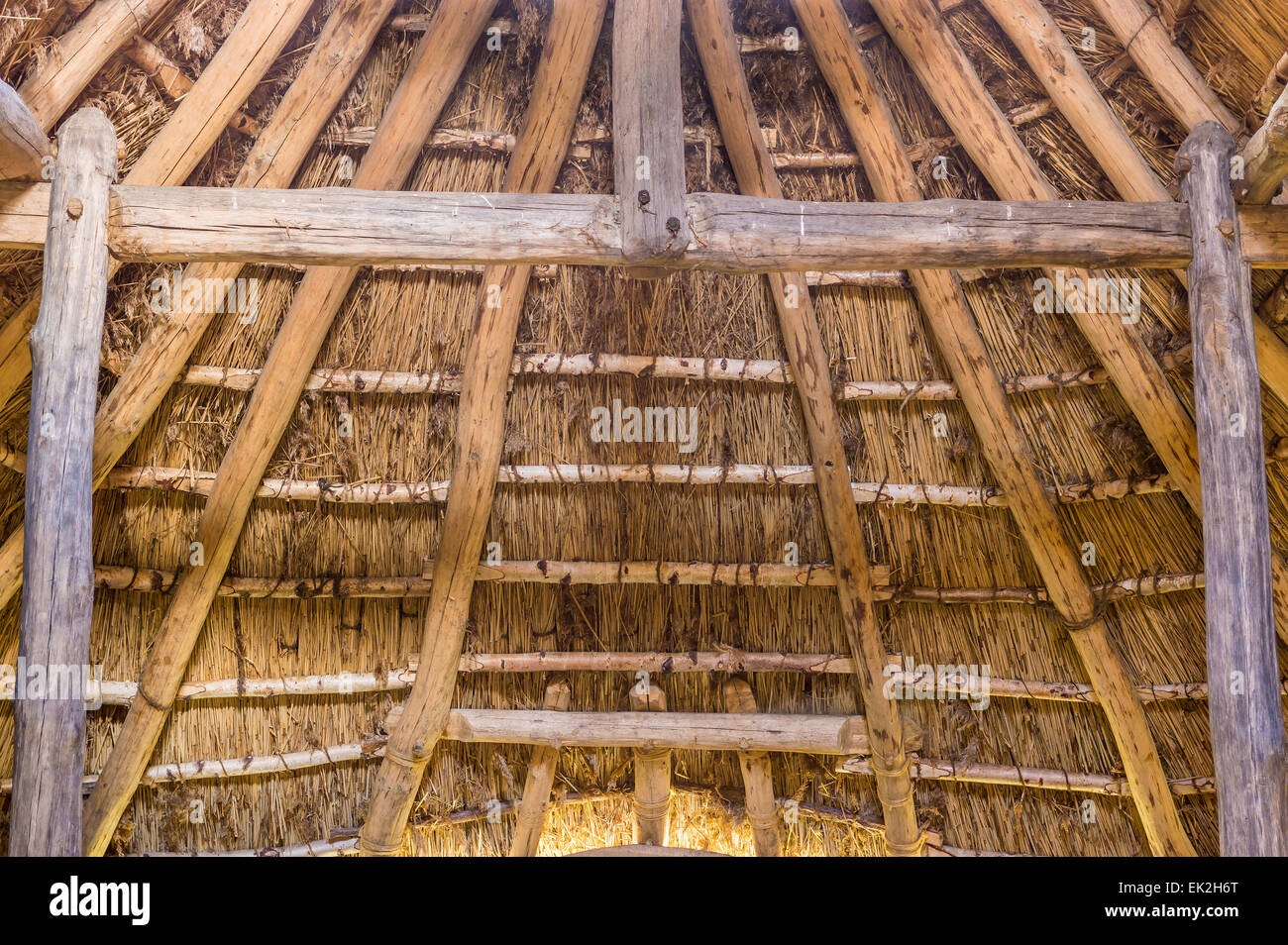 Parte di viking age village replica nella Svezia meridionale in primavera. L'interno della casa principale. Particolare del soffitto costruire Foto Stock