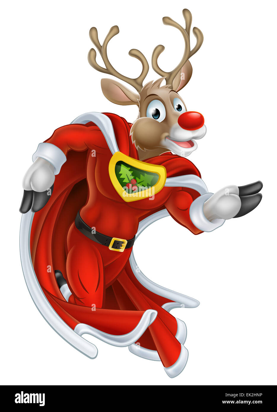 Un cartoon carino supereroe natale renne in funzione del carattere Foto Stock