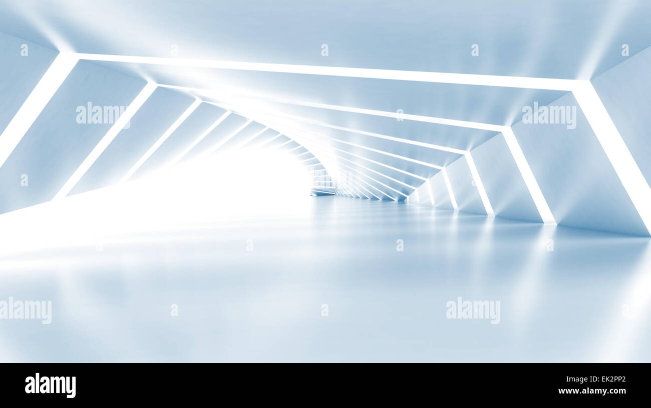 Abstract illuminato vuoto azzurro luminoso corridoio interno, 3D render illustrazione Foto Stock