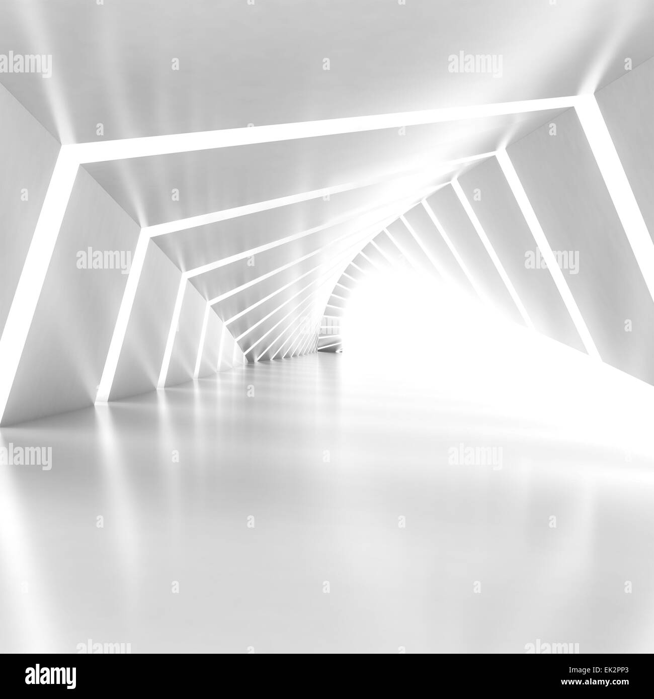Abstract vuoto bianco illuminato shining piegate corridoio interno, 3D render illustrazione, composizione quadrata Foto Stock