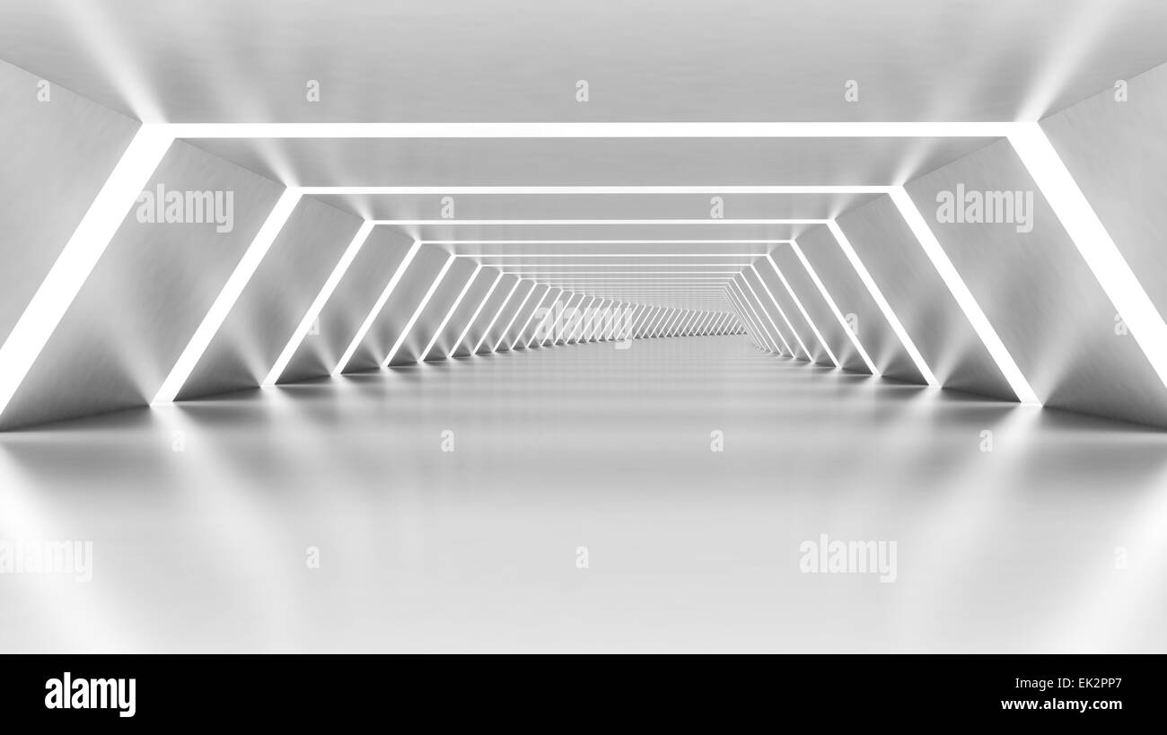 Abstract vuoto bianco illuminato shining piegate corridoio interno, 3D render illustrazione Foto Stock