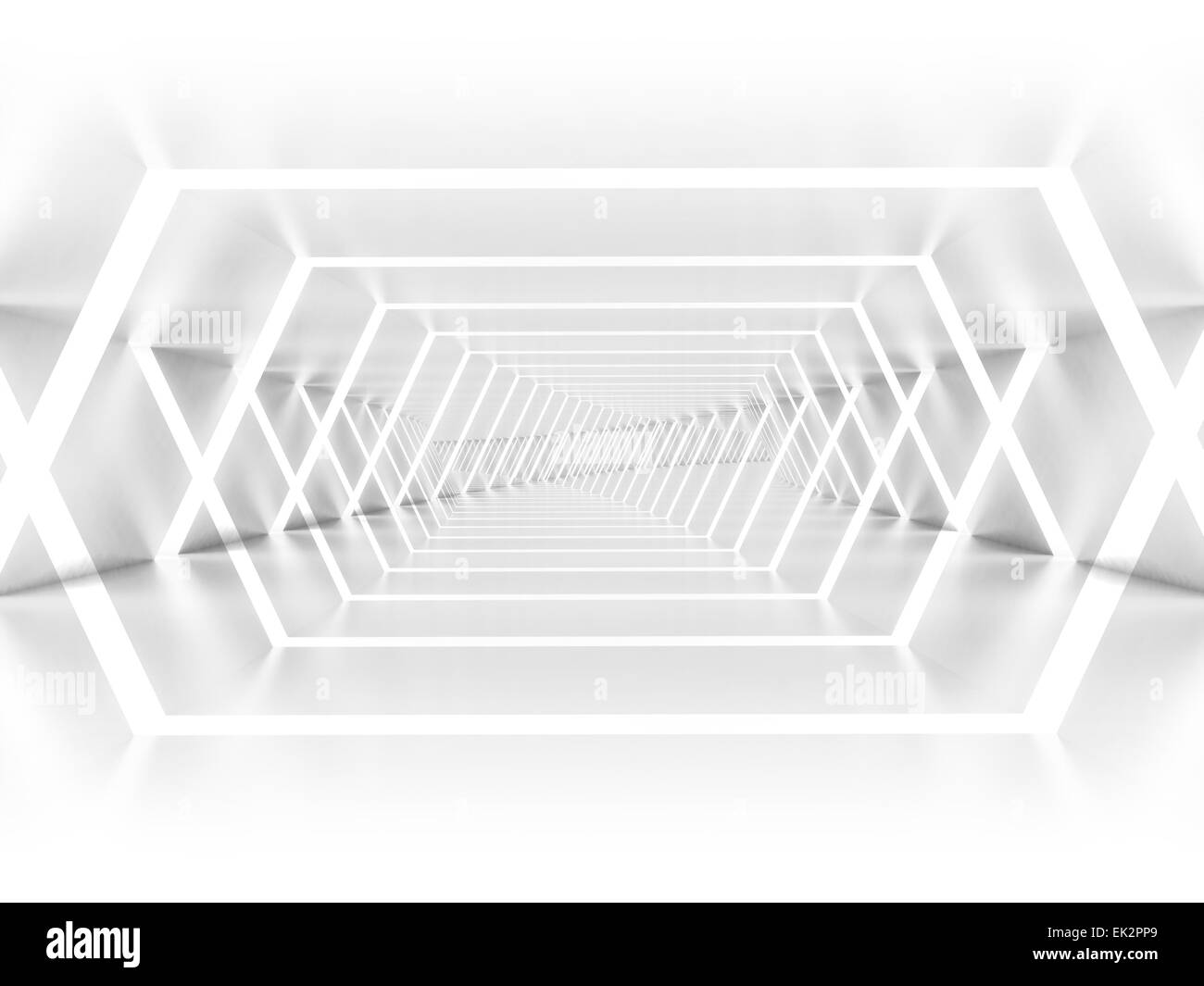 Abstract vuoto bianco illuminato luminoso corridoio interno, 3D render illustrazione Foto Stock