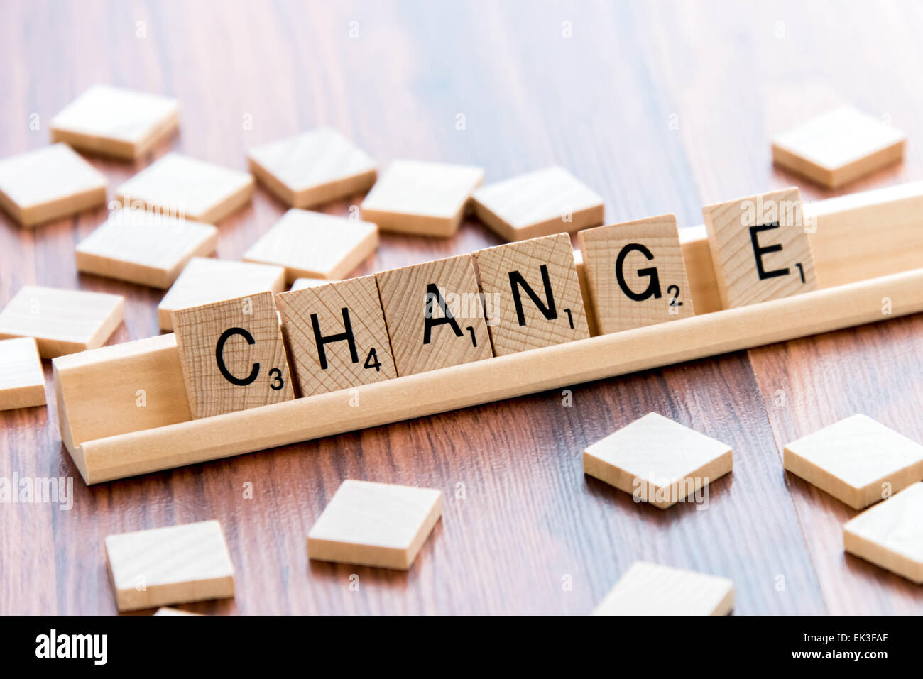 4 aprile 2015: Houston, TX, Stati Uniti d'America - Parola di Scrabble gioco piastrelle di legno Cambia ortografia Foto Stock