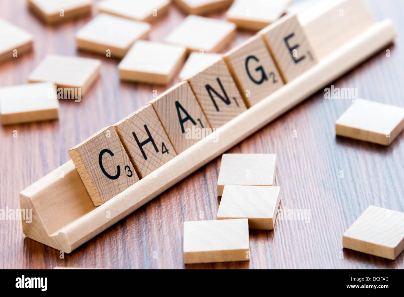 4 aprile 2015: Houston, TX, Stati Uniti d'America - Parola di Scrabble gioco piastrelle di legno Cambia ortografia Foto Stock