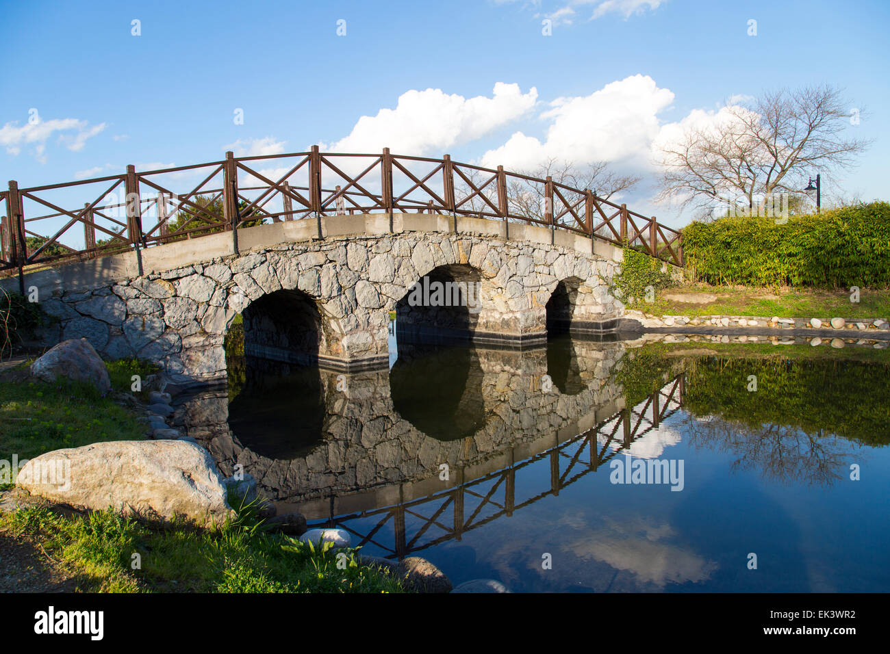 Arco in pietra ponte vista di riflessione sulle sponde di un lago in un parco con cielo blu sullo sfondo all'inizio di stagione primavera Foto Stock