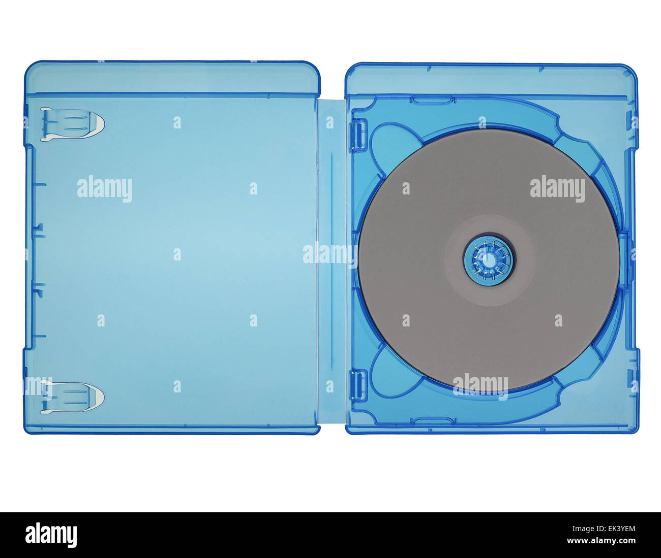 Bluray disc video in un riquadro blu isolato su bianco Foto Stock