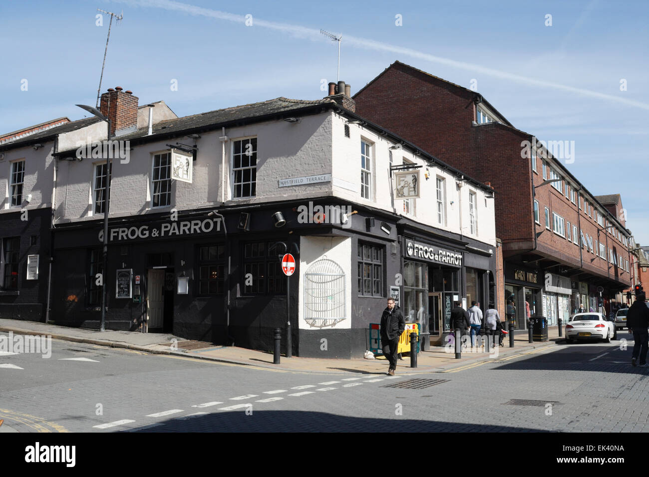 Pub Frog and Parrot in Division Street, centro di Sheffield, Inghilterra, angolo di strada inglese, pub Foto Stock