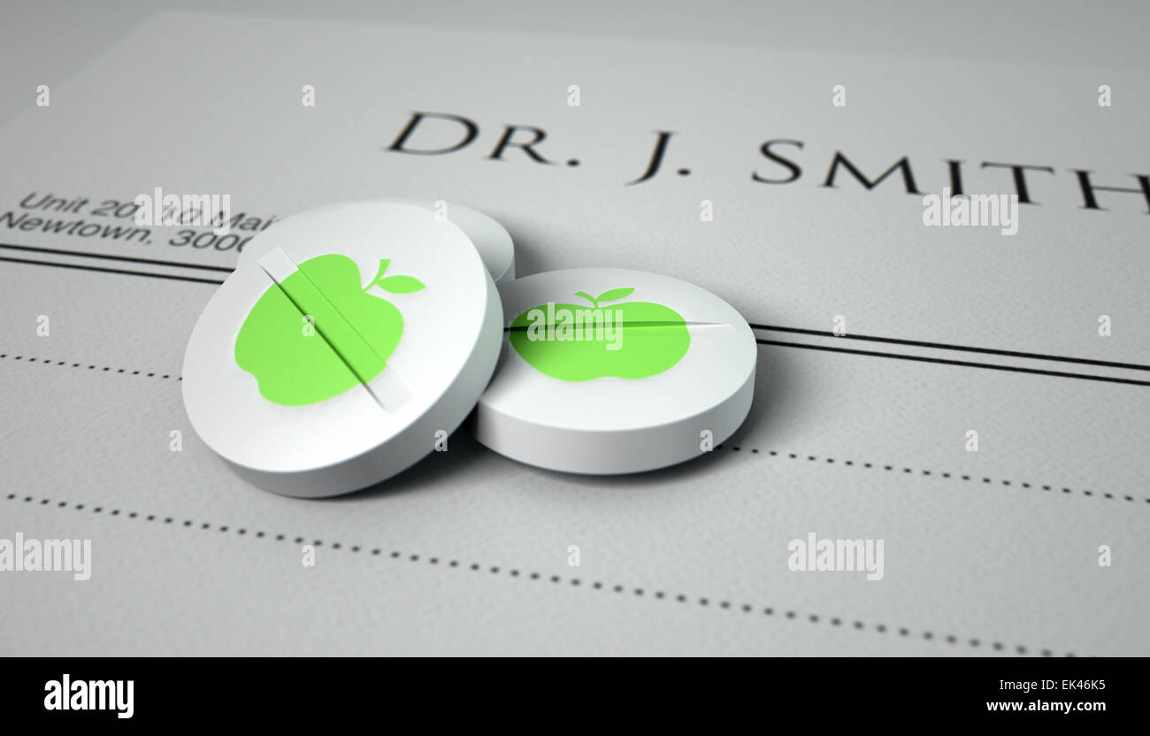 Un vuoto medici generici la prescrizione nota con tre pillole di colore bianco e verde mela icone sul loro isolato su un fondo bianco Foto Stock