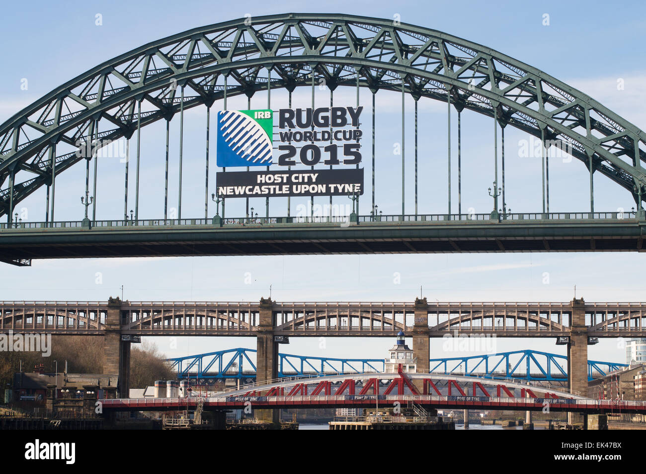 Segno sul Tyne Bridge Coppa del Mondo di Rugby 2015 Newcastle upon Tyne, England, Regno Unito Foto Stock